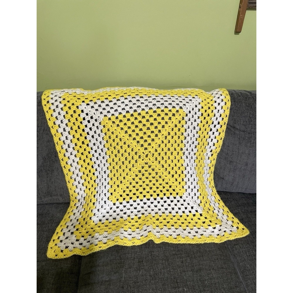 White & Yellow Granny Square Baby Afghan Throw Lap Blanket 36x36 MCM GrannyCore